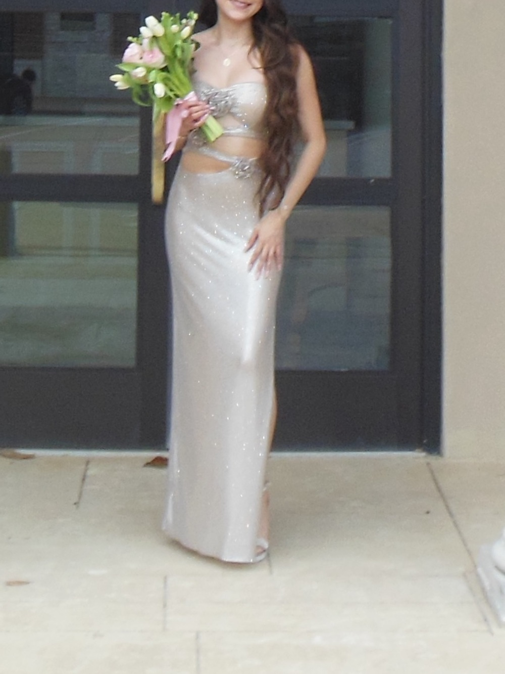 Meshki Stassie Strapless Rose Diamante Maxi Dress - Nude